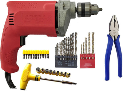 Inditrust 10mm Red 350W Drill Machine with 5pc M.13pc HSS Plier & 24pc Socket set Angle Drill(10 mm Chuck Size)