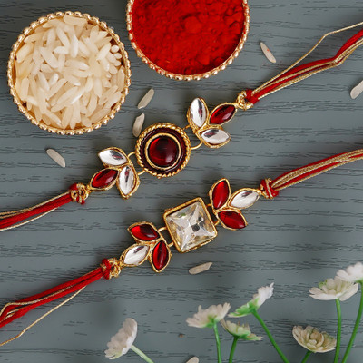 eCraftIndia Designer D1328 Assorted Rakhi  Set(2 N Rakhi, 1 Roli Chawal)