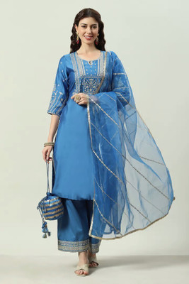 BIBA Embroidered Kurta, Palazzo & Dupatta Set