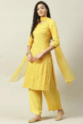 BIBA Embroidered Kurta, Palazzo & Dupatta Set