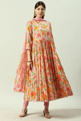 BIBA Floral Print Kurta, Churidar & Dupatta Set