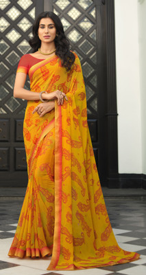 PHORIA STYLE Printed Bollywood Georgette, Chiffon Saree(Yellow)