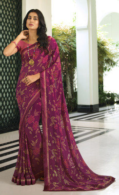 peer store Printed, Self Design, Graphic Print, Floral Print, Checkered, Solid/Plain Bollywood Georgette, Chiffon Saree(Purple)