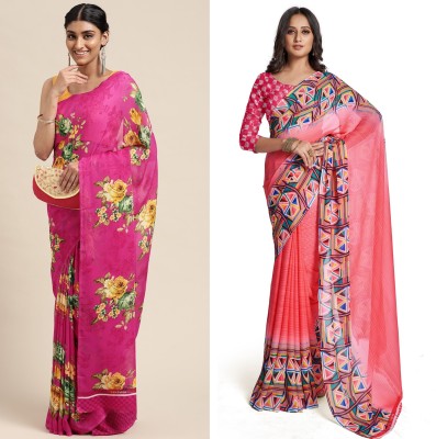 Uveeka Printed, Floral Print Daily Wear Georgette Saree(Pack of 2, Pink)