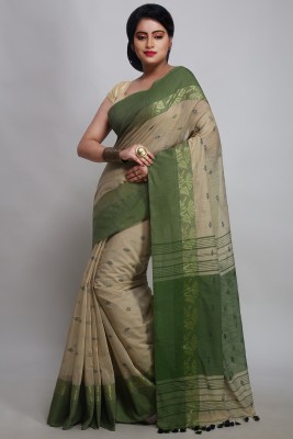 WoodenTant Woven Handloom Pure Cotton Saree(Green, Beige)