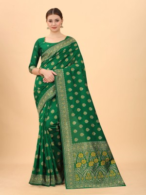 SATYAM WEAVES Woven Banarasi Cotton Silk Saree(Green)