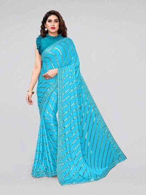 KRISHNA Self Design Leheria Lycra Blend Saree(Light Blue)
