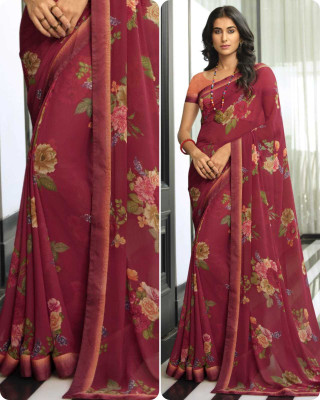peer store Printed, Self Design, Graphic Print, Floral Print, Checkered, Solid/Plain Daily Wear Georgette, Chiffon Saree(Maroon)