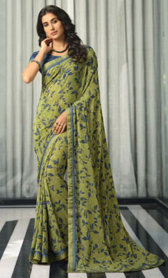 BLEESBURY Printed, Self Design, Graphic Print, Floral Print, Checkered, Solid/Plain Bollywood Georgette, Chiffon Saree(Green)