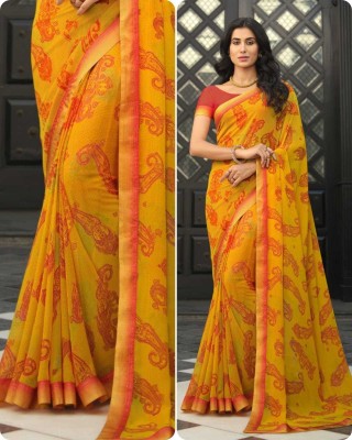 BLEESBURY Printed, Self Design, Graphic Print, Floral Print, Checkered, Solid/Plain Bollywood Georgette, Chiffon Saree(Yellow)
