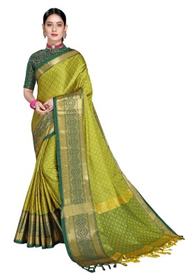 GEETABA FASHION Woven Dharmavaram Silk Blend Saree(Green)