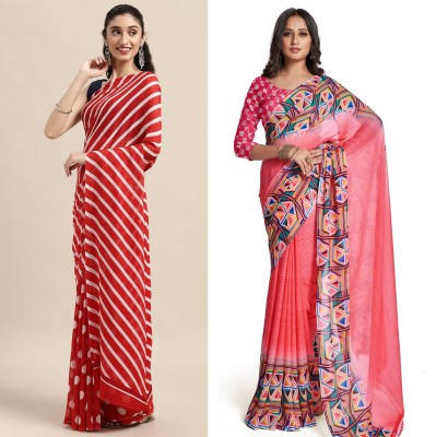 Uveeka Printed Daily Wear Georgette Saree(Pack of 2, Red, Pink)