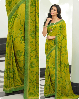 DIKONA DESIGNER Printed, Self Design, Graphic Print, Floral Print, Checkered, Solid/Plain Bollywood Georgette, Chiffon Saree(Light Green)