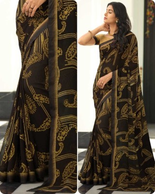 BLEESBURY Printed, Self Design, Graphic Print, Floral Print, Checkered, Solid/Plain Bollywood Georgette, Chiffon Saree(Brown)