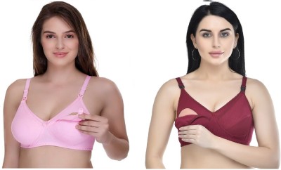 Desiprime B Cup Poly Cotton Feeding Bra Set of 2 Women Maternity/Nursing Non Padded Bra(Pink, Maroon)