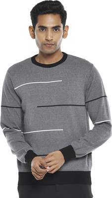 Byford by Pantaloons Self Design Round Neck Casual Men Grey Sweater