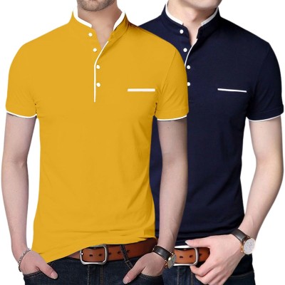 GulGuli Solid Men Mandarin Collar Yellow, Navy Blue T-Shirt