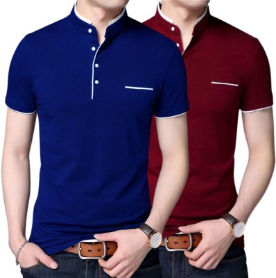 PIXIE FASHION Solid Men Mandarin Collar Blue, Maroon T-Shirt