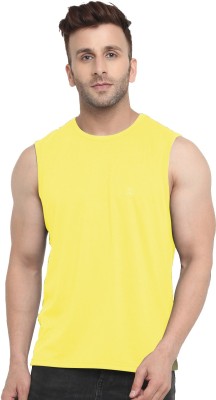 CHKOKKO Solid Men Round Neck Yellow T-Shirt