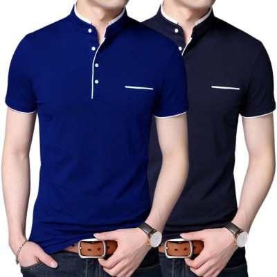 GulGuli Solid Men Mandarin Collar Blue, Navy Blue T-Shirt