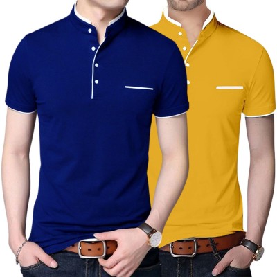 GulGuli Solid Men Mandarin Collar Blue, Yellow T-Shirt