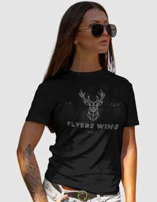flyers wing Animal Print, Typography Women Round Neck Black T-Shirt