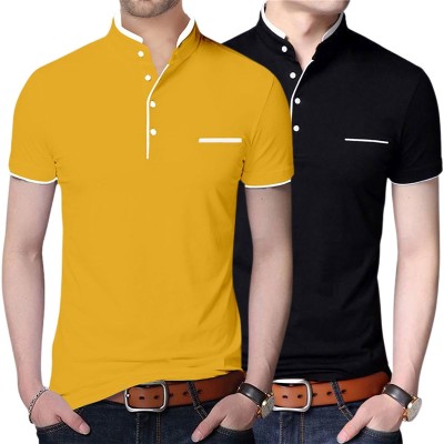 PIXIE FASHION Solid Men Mandarin Collar Black, Yellow T-Shirt