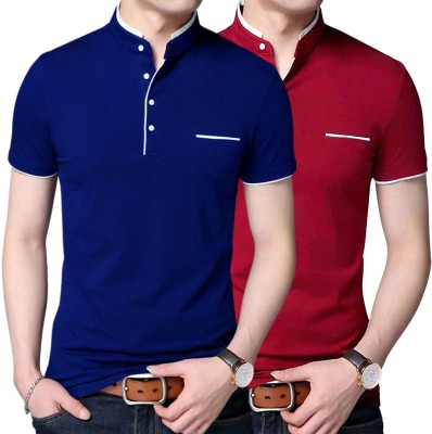 PIXIE FASHION Solid Men Mandarin Collar Red, Blue T-Shirt