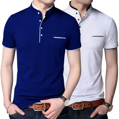 PIXIE FASHION Solid Men Mandarin Collar White, Blue T-Shirt
