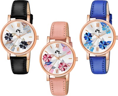 MAAN INTERNATIONAL FL212 Combo Of 3 Flowers Design Dial Lather Strap Woman Analog Watch  - For Girls