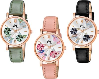 MAAN INTERNATIONAL FL212 Combo Of 3 Flowers Design Dial Lather Strap Woman Analog Watch  - For Girls