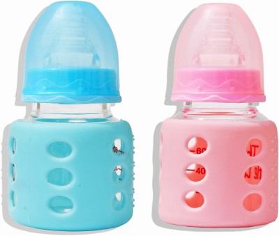 The Little Lookers Glass Feeding Bottle for Newborns/Infants/Babies | With Silicone Warmer Cover ('PINK & BLUE', 60 ML)Glass Feeding Bottle for Newborns/Infants/Babies | With Silicone Warmer Cover ('PINK & BLUE', 60 ML) - 60 ml(Pink, Blue)
