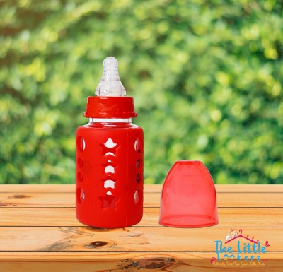 The Little Lookers Glass Feeding Bottle for Newborns/Infants/Babies | With Silicone Warmer Cover ('RED', 120 ML) - 120 ml(Red)