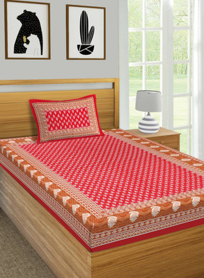 Jeevat 180 TC Cotton Single Jaipuri Prints Flat Bedsheet(Pack of 1, Red)