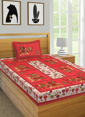 Jeevat 180 TC Cotton Single Jaipuri Prints Flat Bedsheet(Pack of 1, Red)
