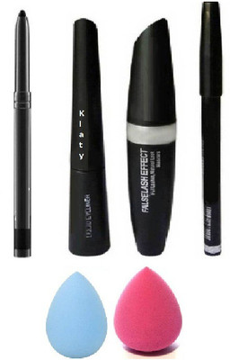 klaty 3IN1MASCARA,EYEBROW PENCIL,EYELINER+KAJAL+2BEAUTY BLENDER (6 Items in the set)(4 Items in the set)