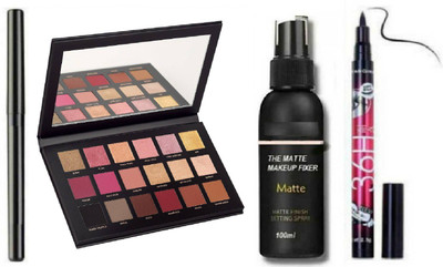 klaty Kajal & Rose Gold Eyeshadow Palette&Fixer Face Setting Spray& Black Eyeliner(3 Items in the set)