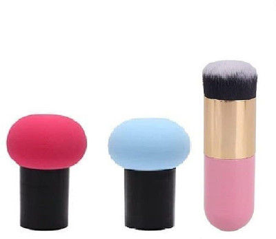 Lusty soul PREMIUM EXTRA SOFT PINK Foundation Brush with 2 Sponge puff blender - (Pack of 3)(3 Items in the set)