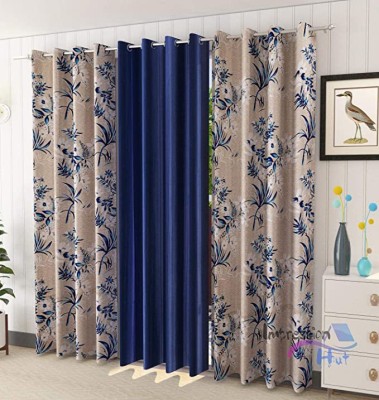 Benchmark 152 cm (5 ft) Polyester Blackout Window Curtain (Pack Of 3)(Floral, Blue)