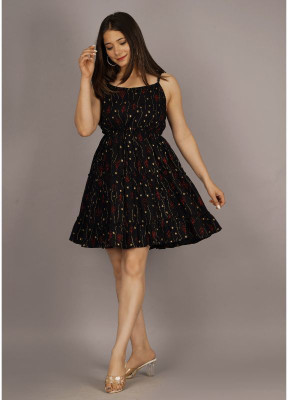 ASFEBRICS Women Fit and Flare Black Below Knee Dress