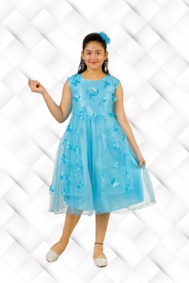 YAYAVAR Girls Calf Length Party Dress(Blue, Sleeveless)