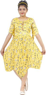 MIRHA FASHIONS Girls Midi/Knee Length Casual Dress(Yellow, Half Sleeve)