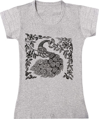 IndiWeaves Girls Printed Cotton Blend Regular T Shirt(Grey, Pack of 1)