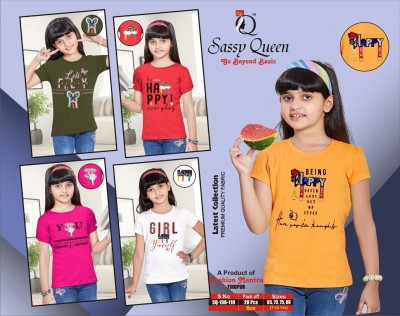 sassy queen Girls Printed Cotton Blend Slim T Shirt(Multicolor, Pack of 5)