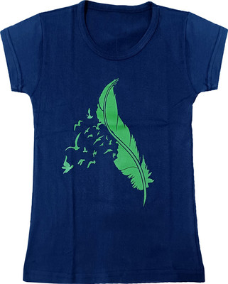 IndiWeaves Girls Printed Cotton Blend Regular T Shirt(Blue, Pack of 1)