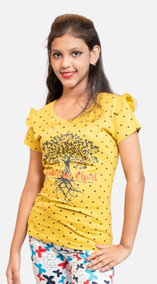 Magic Archar Girls Printed Pure Cotton Regular T Shirt(Yellow, Pack of 1)
