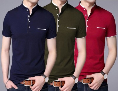 LIME Solid Men Mandarin Collar Navy Blue, Dark Green, Red T-Shirt