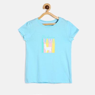 MINI KLUB Girls Self Design Pure Cotton T Shirt(Light Blue, Pack of 1)