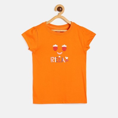 MINI KLUB Girls Printed Pure Cotton T Shirt(Orange, Pack of 1)