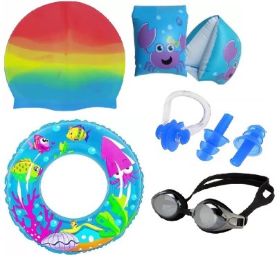 HHS SPORTS 5 in 1 org & ylw Swimming combo|cap, goggles, safety tube, arm band & nosepin| Swimming Kit